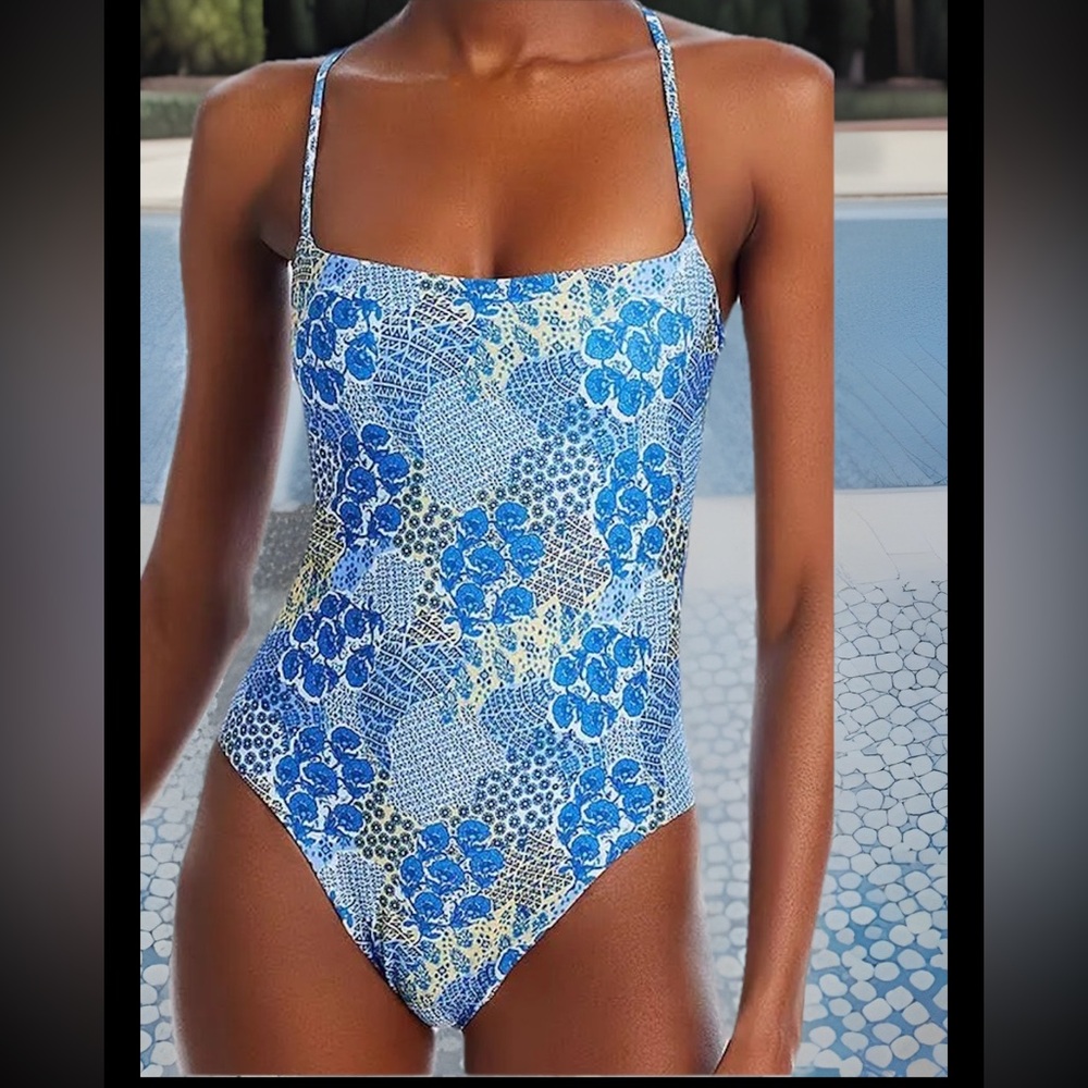 Peixoto Sexy Blue W/Wild Graphics Open Back W/Straps A Statement 1 Pc Swimsuit